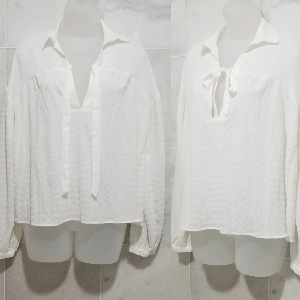 Line & Dot Peasant White Boho Neck Tie Blouse S